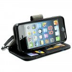 Wholesale Apple iPhone 5 5S Cloth Flip Leather Wallet TPU Case with Strap and Stand (Black)